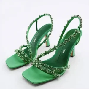 Nastyafashion Women Fashion Plus Size Sexy Rhinestone Strap Square Toe Heeled Sandals