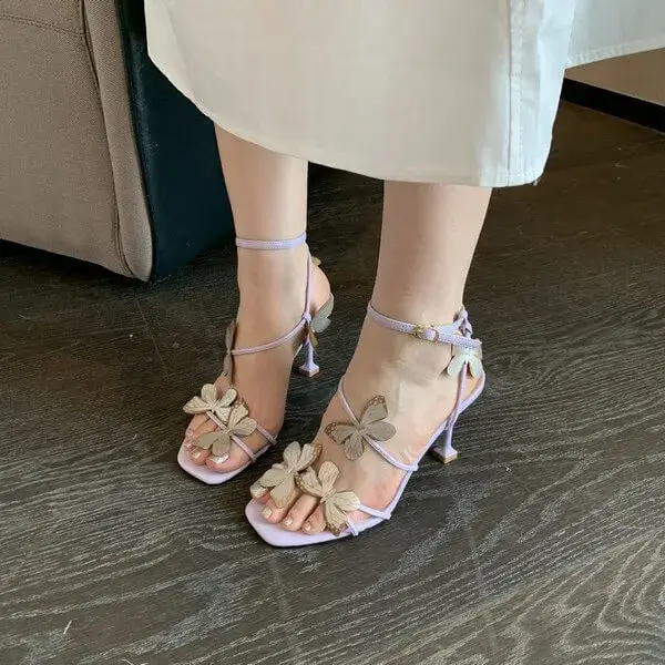Nastyafashion Summer Women Fashion Sexy Butterfly Square Toe Heeled Sandals