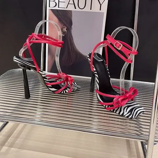 Nastyafashion Women Fashion Casual Lace-Up Bow Color Blocking Stiletto Heel Sandals