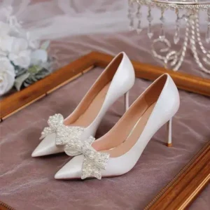 Nastyafashion Women Fashion Sexy Pointed Satin Pearl Pointed Toe Shoes