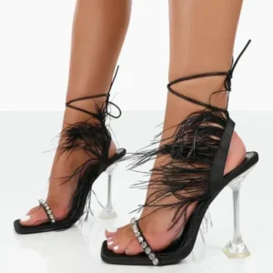 Nastyafashion Women Fashion Sexy Rhinestone Feather Decorative Solid Color High Heel Sandals Shoes