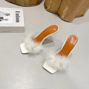 Nastyafashion Women Fashion Sexy Feather Decoration Solid Color Chunky High Heel Slippers Shoes