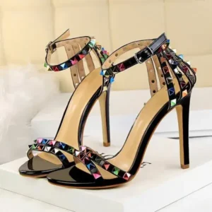 Nastyafashion Fashion Women Sexy 11cm High Heels Rivets Studded Sandals Ankle Buckle Strap Stiletto Shoes