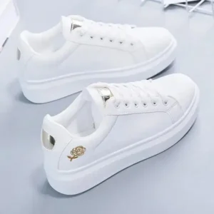 Nastyafashion Women Casual Fashion Rose Embroidery Thick-Soled Comfortable PU Leather White Sneakers