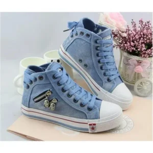 Nastyafashion Women Casual Spring Zipper Decor Lace-Up High Top Denim Canvas Sneakers