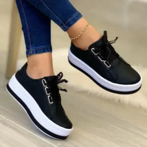 Nastyafashion Women Casual Round Toe Lace-Up Block Color Platform Shoes PU Sneakers