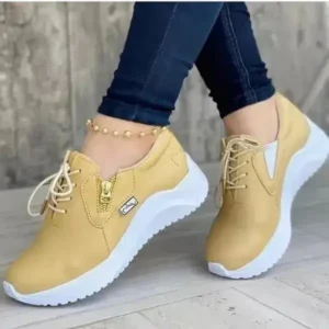 Nastyafashion Women Casual Round Toe Low Cut Lace-Up PU Side Zipper Design Solid Color Sneakers