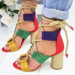 Nastyafashion Women Fashion Sexy Cross Hollow Lace Up Design Color Blocking High Heel Sandals Shoes