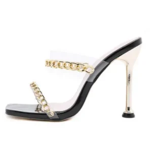 Nastyafashion Women Sexy Plus Size Metal Chain Square-Toe High Heel Sandals