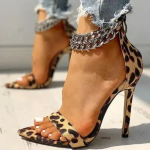 Nastyafashion Women Sexy Metal Chain Buckle Ankle Strap Animal Printed High Heels