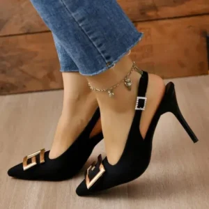 Nastyafashion Summer Women Fashion Casual Plus Size Solid Color Pointed Toe Metal Buckle Sling Back High Heel Sandals