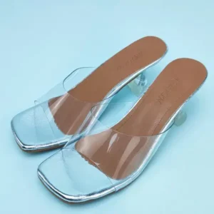 Nastyafashion Women Fashion Casual Square Toe Transparent Design Mid Heel Slippers