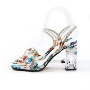 Nastyafashion Women Fashion Sexy PU Rhinestone Floral Printed Square Toe Chunky Heel ?Sandals