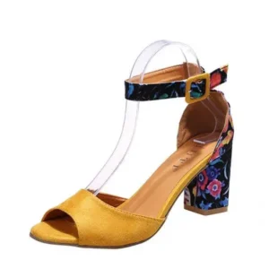 Nastyafashion Women Fashion Sexy PU Floral Printed Peep Toe Chunky Heel Ankle Strap Buckle Sandals