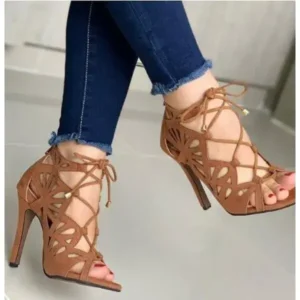 Nastyafashion Women Fashion Sexy Solid Color Hollow Peep Toe Stiletto Heel Bandage Sandals