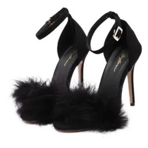 Nastyafashion Women Fashion Sexy PU Solid Color Feather Peep Toe Stiletto Heel Ankle Strap Buckle Sandals