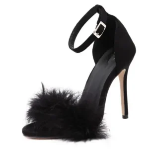 Nastyafashion Women Fashion Sexy Solid Color Feather Peep Toe Stiletto Heel Ankle Strap Buckle Sandals