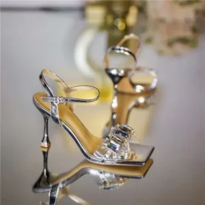 Nastyafashion Women Fashion Sexy PU Rhinestone Square Toe Ankle Strap Buckle Stiletto Heel Sandals