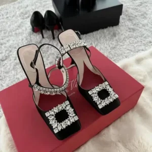 Nastyafashion Women Fashion Elegant PU Square Toe Rhinestone Stiletto Heel Ankle Strap Buckle Sandals