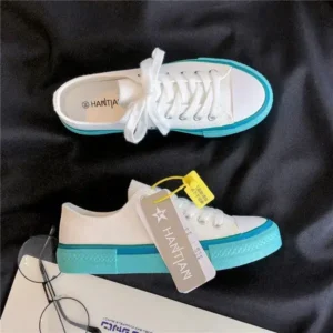 Nastyafashion Women Fashion Cream Blue Canvas Lace-Up Sneakers