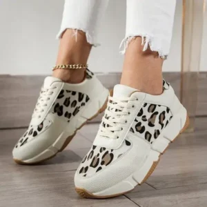 Nastyafashion Women Fashion Round Toe Stitching Lace Up Low Top Leopard Sports Sneakers